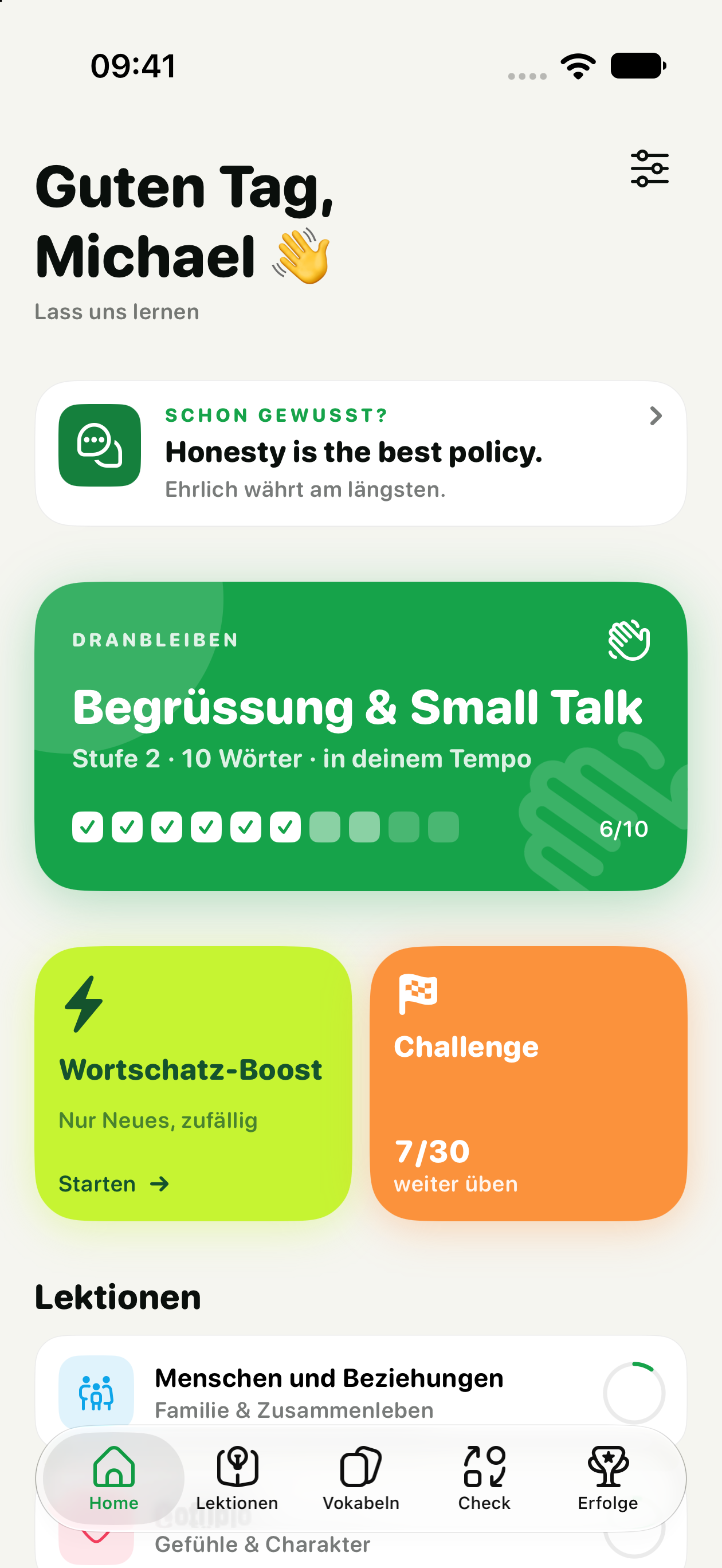 Home-Screen mit Wort-Raster der aktuellen Stufe