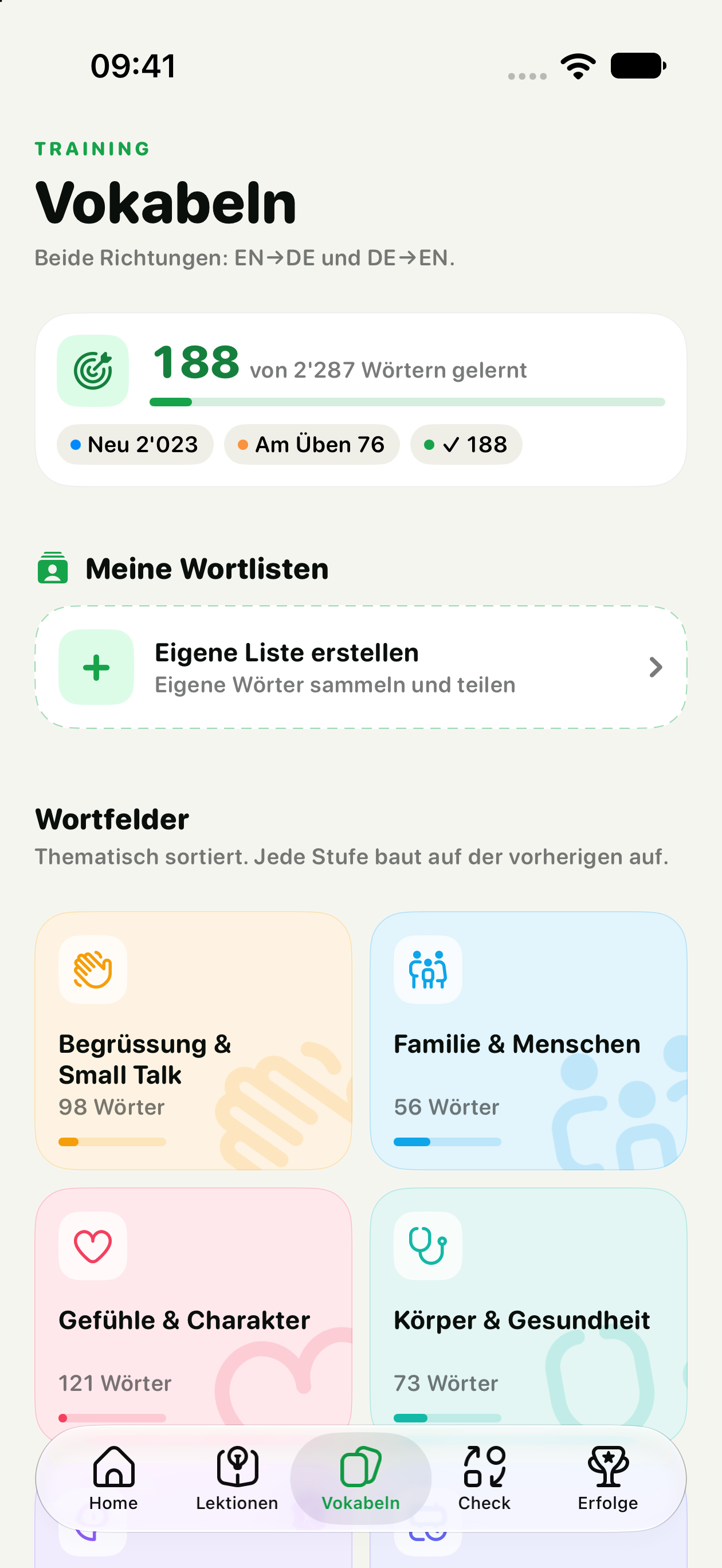 Vokabeln mit Wortfeldern und Gesamtfortschritt