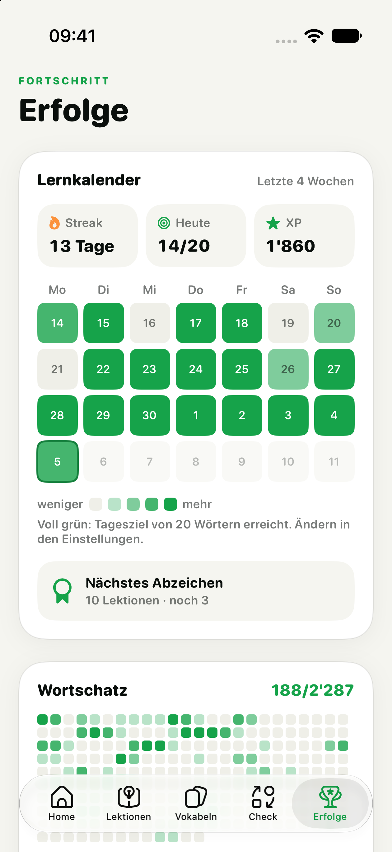 Lernkalender mit Tagesziel, Streak und XP